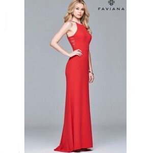 FAVIANA GLAMOUR Red Column Prom Formal Dress with Side Cutouts S7913, Size 10